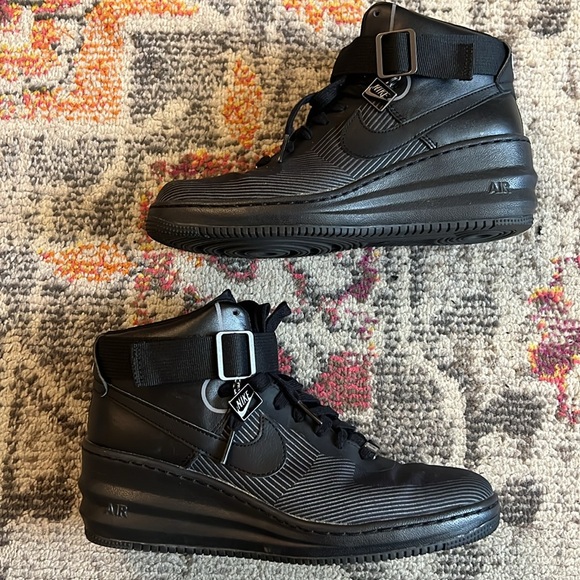 Nike Lunar Force 1 Sky Hi wedge heel Sneaker shoes black jacquard Sz 9 - Picture 1 of 8